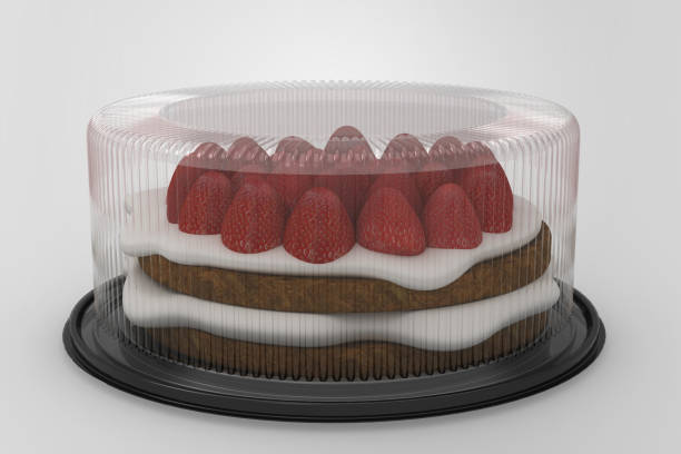 istock 3D rendering an empty transparent cake containers isolated on white background with black base. fit for your design project. added strawberry cake. 1485655444