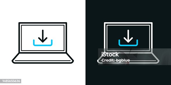 istock Download on laptop. Bicolor line icon on black or white background - Editable stroke 1485655636