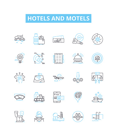 hotels and motels vector line icons set. Lodgings, Accommodations, Inns, Resorts, Suites, Motels, Hostels illustration outline concept signs and symbols