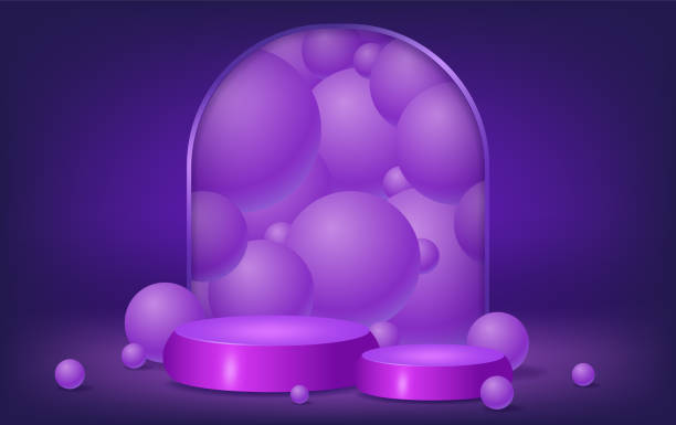 istock Abstract room with purple pedestal podium, arch shape and balls 1485656411
