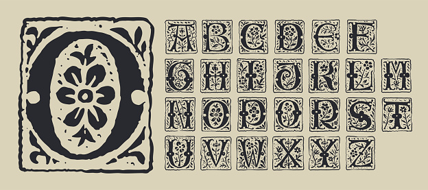 Blackletter style vintage font. Middle Ages capital icon with floral ornament. Vector square shaped calligraphy.