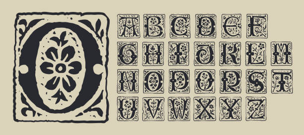 Medieval alphabet. Grunge gothic initials. 16th century engraved drop caps. Blackletter style vintage font. Blackletter style vintage font. Middle Ages capital icon with floral ornament. Vector square shaped calligraphy. medieval illuminated letter stock illustrations