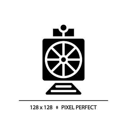 Rotary snow plow pixel perfect black glyph icon. Steam train. Railroad maintenance. Road cleaning. Heavy machine. Silhouette symbol on white space. Solid pictogram. Vector isolated illustration