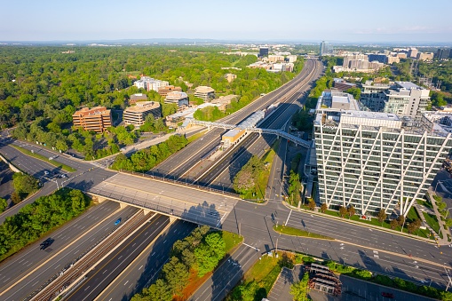 Reston, United States – April 23, 2023: An aerial shot of an urban area of Reston, Virginia.