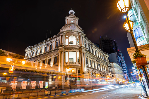 Macau- September 19, 2019: night view of General Post Office Building in Macau. The Historic Centre of Macao was inscribed on the UNESCO World Heritage List in 2005.