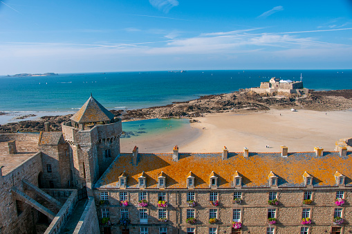 Saint-Malo, France, September 20, 2022 - Panoramic view of the historic quarter of the city of Saint-Malo seen from Dinard.