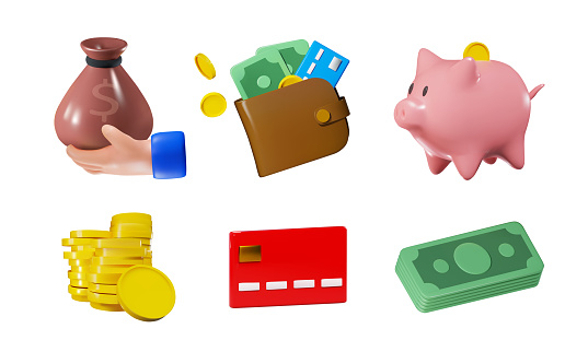 3d render of a set of icons for finance and business consisting of a bag of money, a wallet, a piggy bank, a stack of coins, a credit card and a bundle of money. Vector illustration for ui, media, banners, web and print