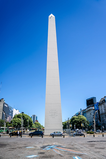 Buenos Aires, Argentina - March 20, 2023: Architecture and sights of Buenos Aires. Obelisk Buenos Aires. High quality photo