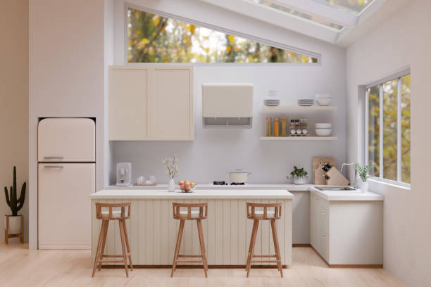 istock Interior design of a modern white kitchen with white kitchen counter and glass ceiling. 1485668427