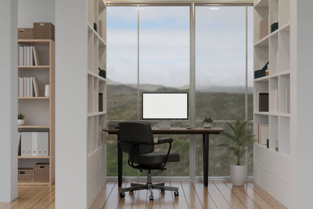istock Modern minimal office room or home office interior design with computer mockup on a table 1485668637