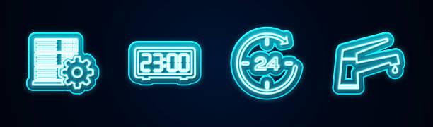 istock Set line Server setting, Digital alarm clock, Clock 24 hours and Water tap. Glowing neon icon. Vector 1485669674
