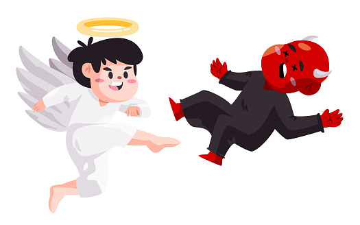 Fight kicking angel versus daemon evil good vs bad cartoon character vector
