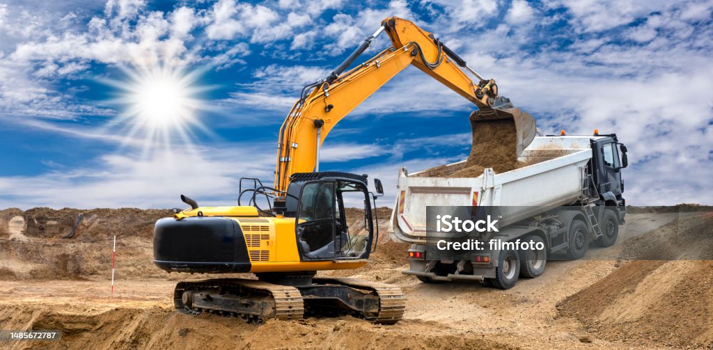 Working Digging Excavator Is Working And Digging At Construction Site Stock Photo ...