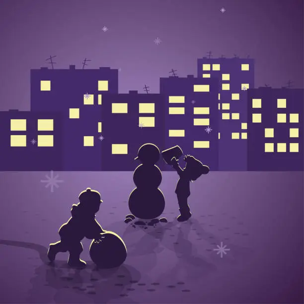 Vector illustration of Children play with snow in the yard