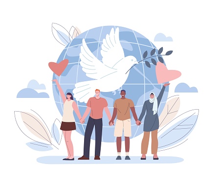 Peace and international friendship concept. Nonviolence, white dove with branch and multicultural people group holding hands, kicky vector scene of friendship international peace illustration