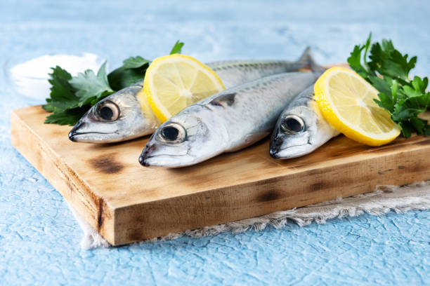 istock Raw mackerel fish salt around on blue background 1485676133