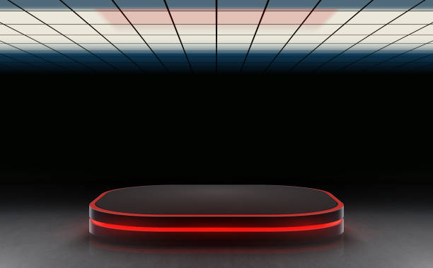 istock Neon podium stage large empty dark room concrete cement garage underground  with top lightbox modern background. Vector illustration 1485676252