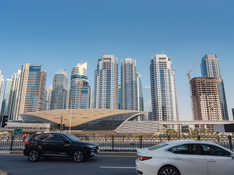 Dubai, United Arab Emirates, March 23, 2023: Dubai Metro station as world's longest fully automated metro network. DMCC subway station. Modern futuristic metro of future