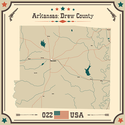 Large and accurate map of Drew County, Arkansas, USA with vintage colors.