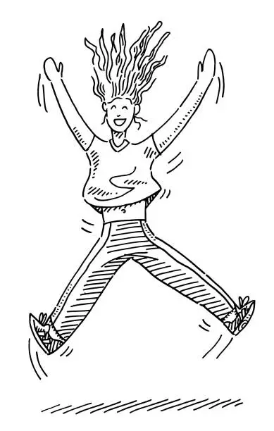 Vector illustration of Jumping Cartoon Woman Drawing