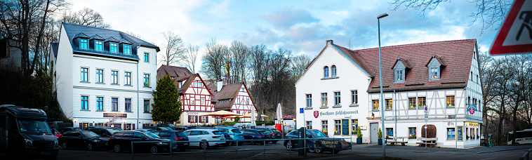 On march 25th 2023, a famous square in Chemnitz that houses restaurants and beer garden, located near the Schloss Park of the city visited by locals and visitors all year round. Large image made from several individual photos stitched in a panorama.