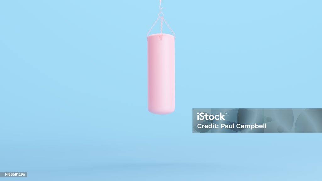 Pink Punch Bag Punching Bag Boxing Gym Training Fitness Padded Style Kitsch Blue Background Pink Punch Bag Punching Bag Boxing Gym Training Fitness Padded Style Kitsch Blue Background 3d illustration render digital rendering Punching Bag Stock Photo