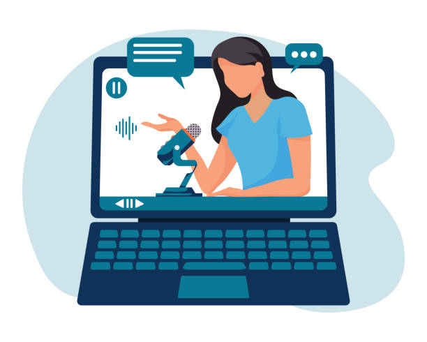 Woman blogger with microphone in computer screen. Flat style illustration Woman blogger with microphone in computer screen. Flat style illustration, vector clip art of a teen webcam stock illustrations