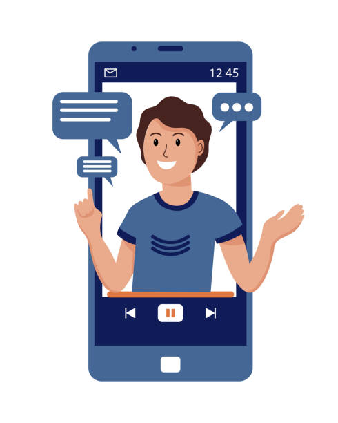 Male blogger with a microphone in the screen of a smartphone. Male blogger with a microphone in the screen of a smartphone. Flat style illustration, vector clip art of a teen webcam stock illustrations