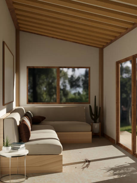 istock Modern living room with sofa, mock up frame on the wall near the window. 1485681966