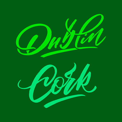 Set of Irish cities Dublin and Cork in lettering style for print and design. Vector clipart.