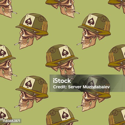 istock Military pattern of Vietnamese soldier skull and helmet in hand drow style for print and design. Vector illustration. 1485682871