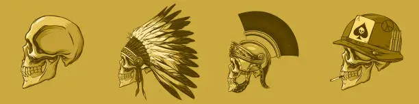 Vector illustration of Monochrome set of skulls with headdresses of soldiers in hand draw style. Vector illustration.