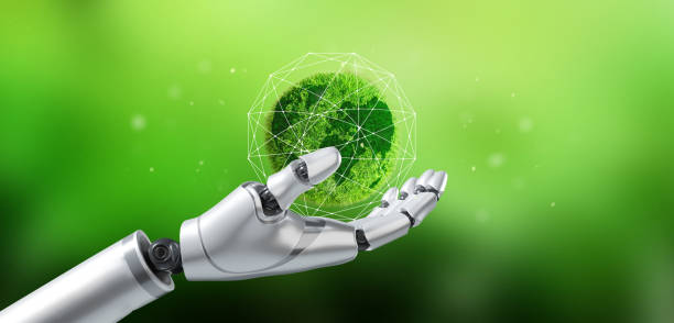 istock Environmental technology concept, robotic hand holding mini globe with environmental icons, artificial intelligence and technology ecology. Green Technology and Environmental Technology SDGs.Ai. 1485683430