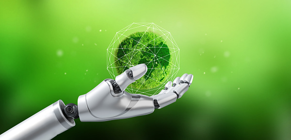 Environmental technology concept, robotic hand holding mini globe with environmental icons, artificial intelligence and technology ecology. Green Technology and Environmental Technology SDGs.Ai.