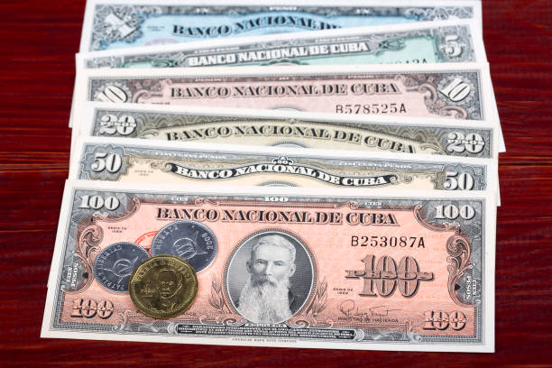 Old Cuban Pesos coins and banknotes on a wooden background