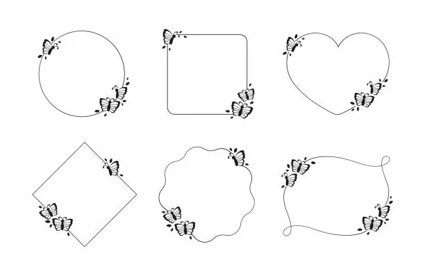 Vector illustration of Cute Butterfly Frame Silhouette Set. Spring Summer Geometric Border Vector Illustration.