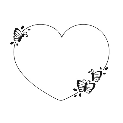 Cute Heart Butterfly Frame Silhouette. Spring Summer Valentines Day Border Vector Illustration.