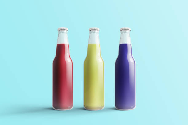 istock Various Fruit Soda bottles, non-alcoholic drink with water drops isolated on toscha background. 3d rendering, suitable for your design project. 1485686764