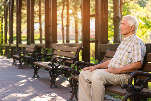 Senior man on park bench. Relaxed elderly male. Spend day in open air. Silence and calmness.