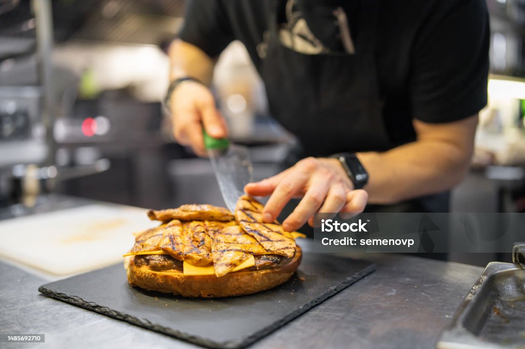 Chef Cheemer Chef Hand Cooking Big Large Cheese Burger On Restaurant Kitchen Step By ...