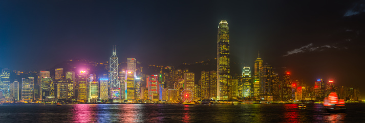 Panoramic view across Victoria Harbour at dusk to the glittering neon skyscrapers of Hong Kong Island, China.
