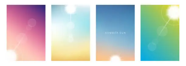 Vector illustration of Summer Sun. Summertime backgrounds with soft color gradients. Sunrise and Sundown. Templates for your seasonal graphic design.