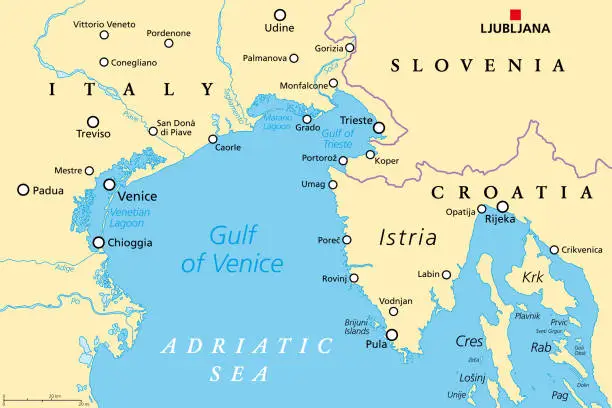 Vector illustration of Gulf of Venice and Istria, northern part of Adriatic Sea, political map