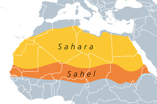 The Sahara and the Sahel, political map. Largest hot desert in the world making up most of North Africa, and an ecoclimatic and biogeographic realm with hot semi-arid climate on the African continent.