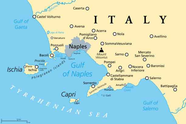 Gulf of Naples, Ischia, Capri and Mount Vesuvius, Italy, political map Gulf of Naples, political map. Also Bay of Naples, located along south-western coast of Italy, opening to the Tyrrhenian Sea. Campanian volcanic arc with islands Ischia and Capri and Mount Vesuvius. amalfi coast map stock illustrations