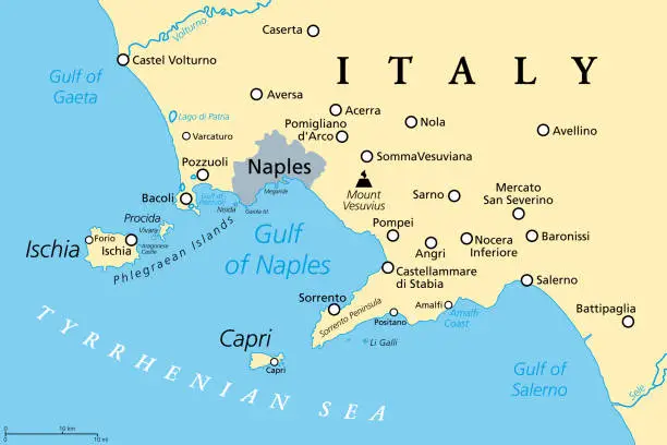 Vector illustration of Gulf of Naples, Ischia, Capri and Mount Vesuvius, Italy, political map