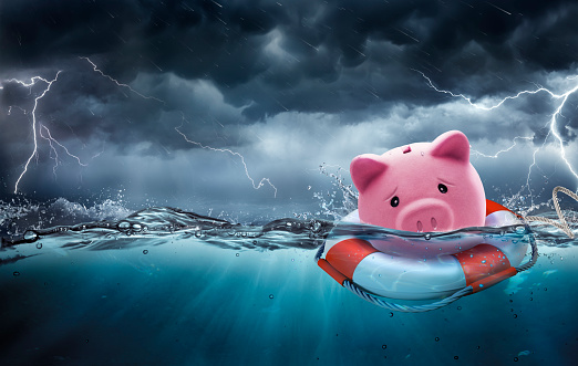 Rescue Savings and Banking Insurance Concept - PiggyBank At Risk On Lifesaver - Contain 3d Rendering
