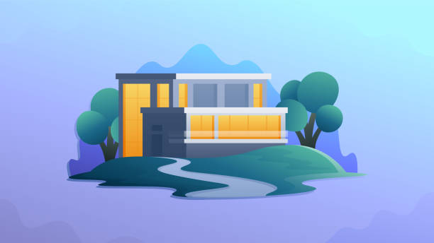 istock Geometric modern loft country house with illuminated windows. 1485698378