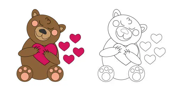 Vector illustration of coloring book braun teddy bear with hearts