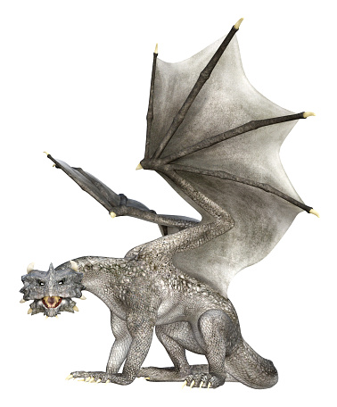 3d illustration of a large open mouthed white dragon with horns and spread wings looking forward while crouching on a white background.
